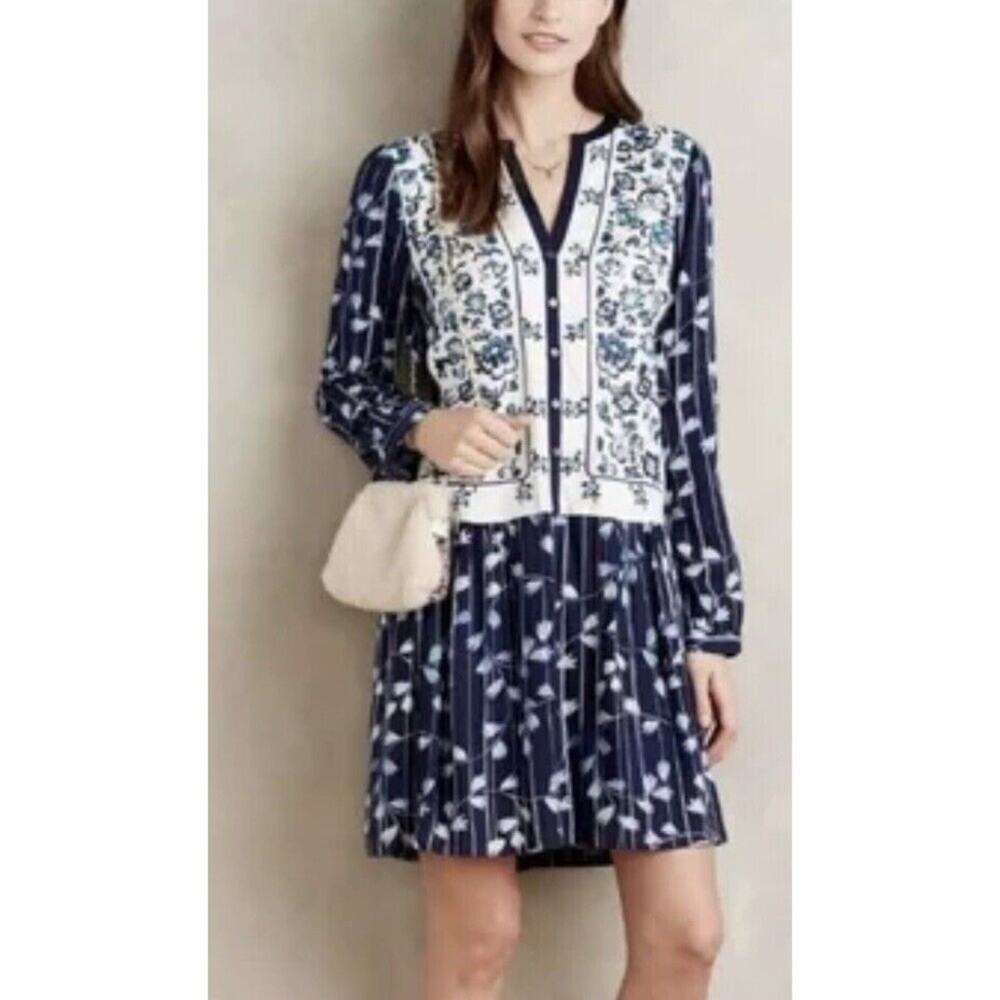 Anthropologie TINY Dress Blue Floral Prairie Boho Feminine Cottagecore Size XS